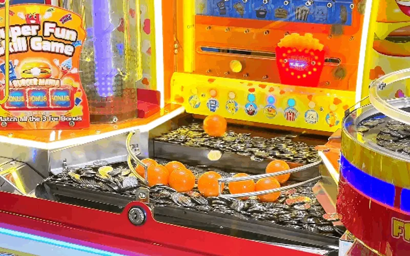 Coin pusher payout timing, shelf physics, and token recycling return